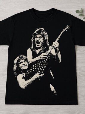 Black Vintage Rock Guitarist Duo Graphic Tee Metal Music Style Shirt